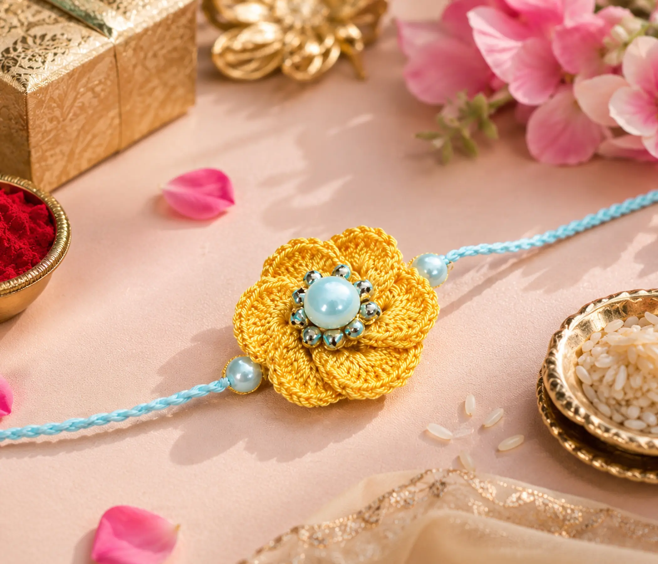 Golden Marigold Floral Handcrafted Crochet Rakhi
